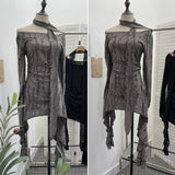 The Dark Waste Soil Wind Makes The Old Hole Hanging Shoulder Hanging With Long Sleeves Irregularly Open Fork T-Shirt Skirt 9295 HZ1208