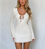 Sexy Women's New Knitted Tying Dress With Long Sleeves And Hip Mini Skirt HZ1208