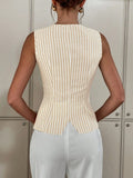 2025 New Women's Single-Drace Vest Coat Elegant Striped Round-Neck Button Vest Top HZ1208