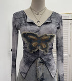 Real Shooting Amount Of Bumpy Tulle Spliced Denim Butterfly Design Sunscreen Coat V Collar Short T-Shirt 1965 HZ1208