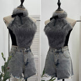 Real-Shot Bow Decorative Hair Splicing Elastic Hanging Neck Vest Outside Wearing Hairy Short Grinding Coat 2791 HZ1208