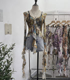 French Retro Oil Painting Wind Dyed Lotus Leaf Side Sling T-Shirts Long Sleeves Drifting Coat 2658 HZ1208