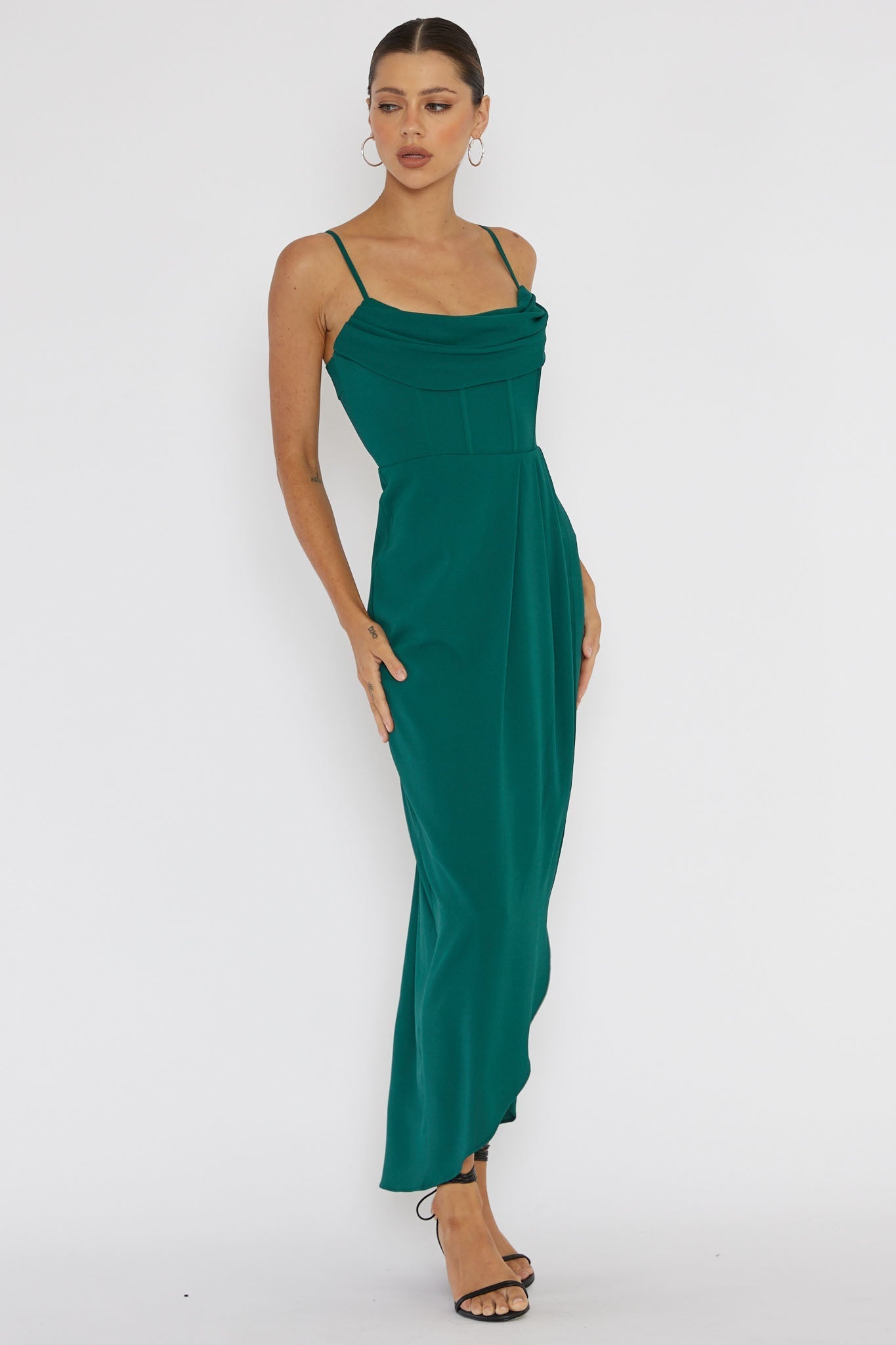 Patrice Draped Neck Split Midi Dress Forest Green