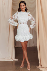 Right Moment Lace Overlay Frill Mini Dress White