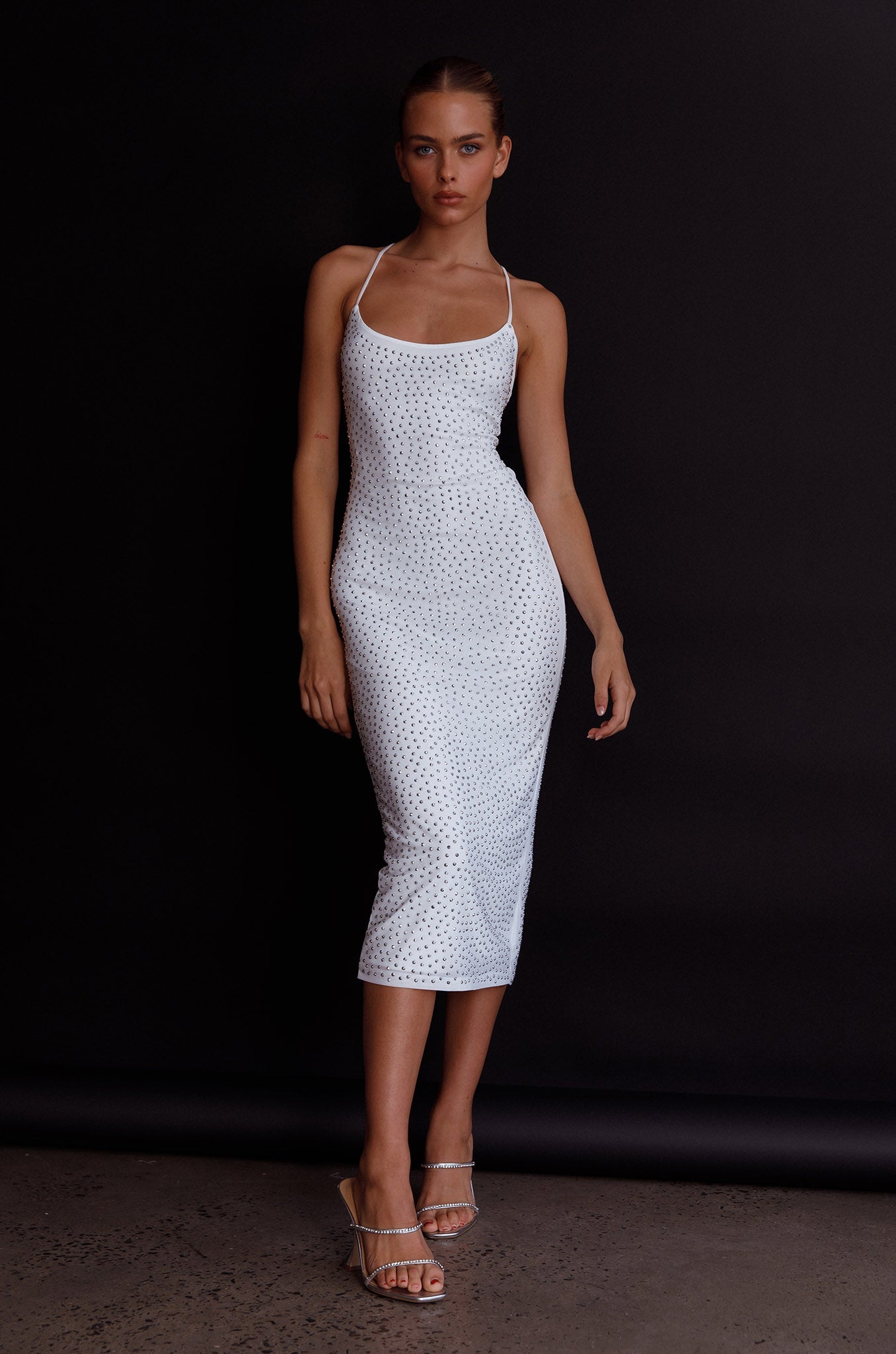 Goodnight Kiss Strappy Back Embellished Midi Dress Ivory