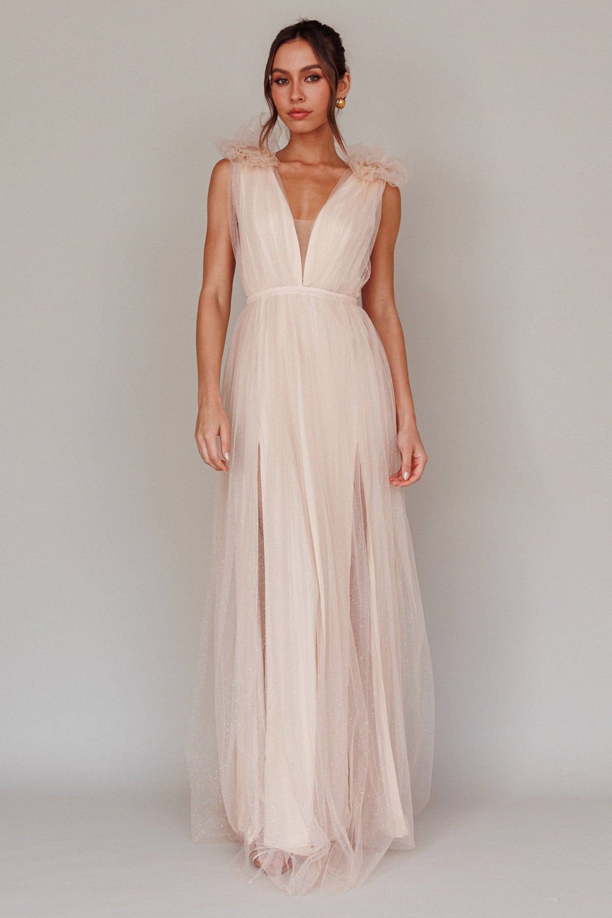 Ludivine Shoulder Accent Mesh Midi Dress Glitter Champagne