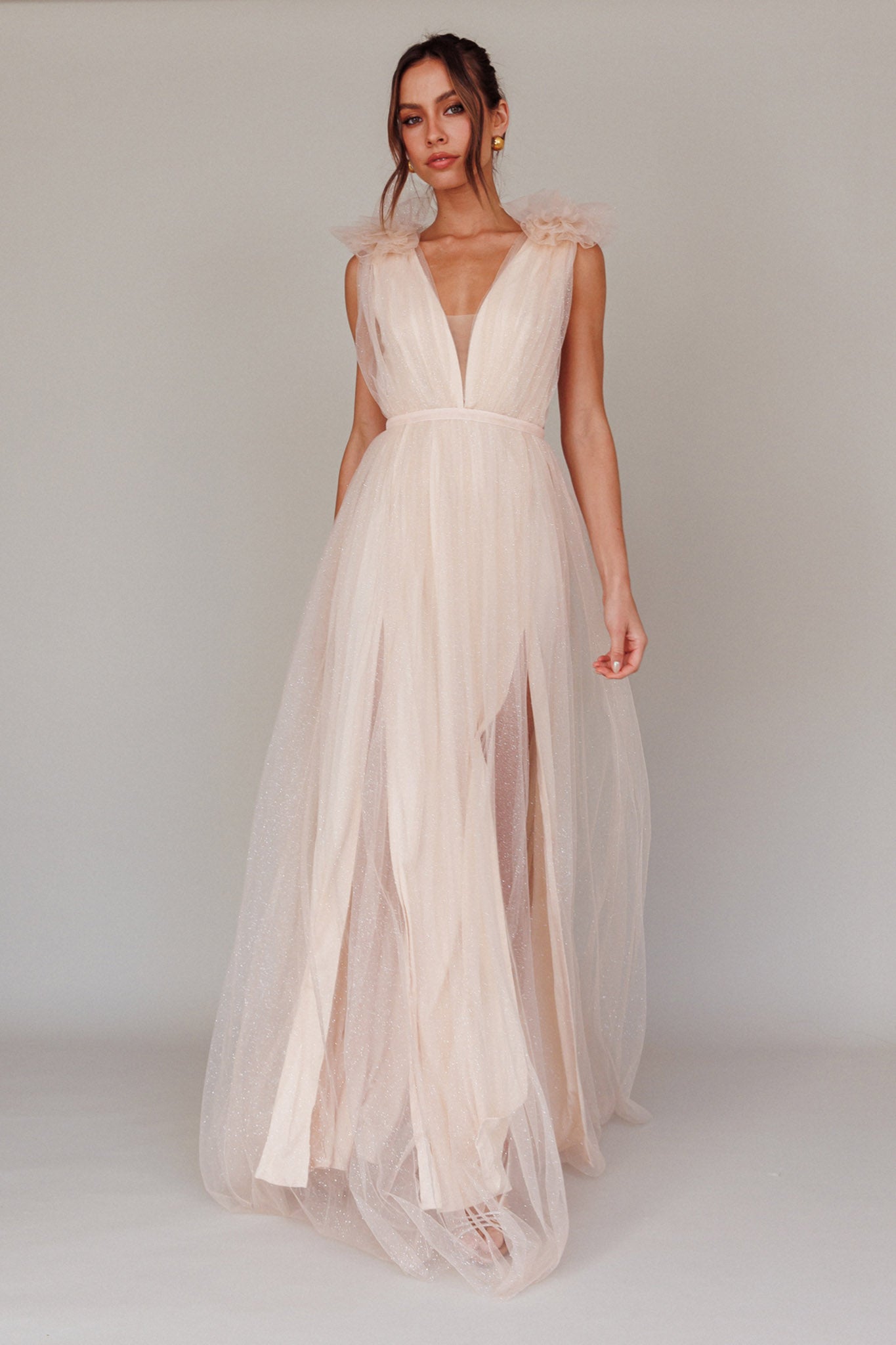 Ludivine Shoulder Accent Mesh Midi Dress Glitter Champagne