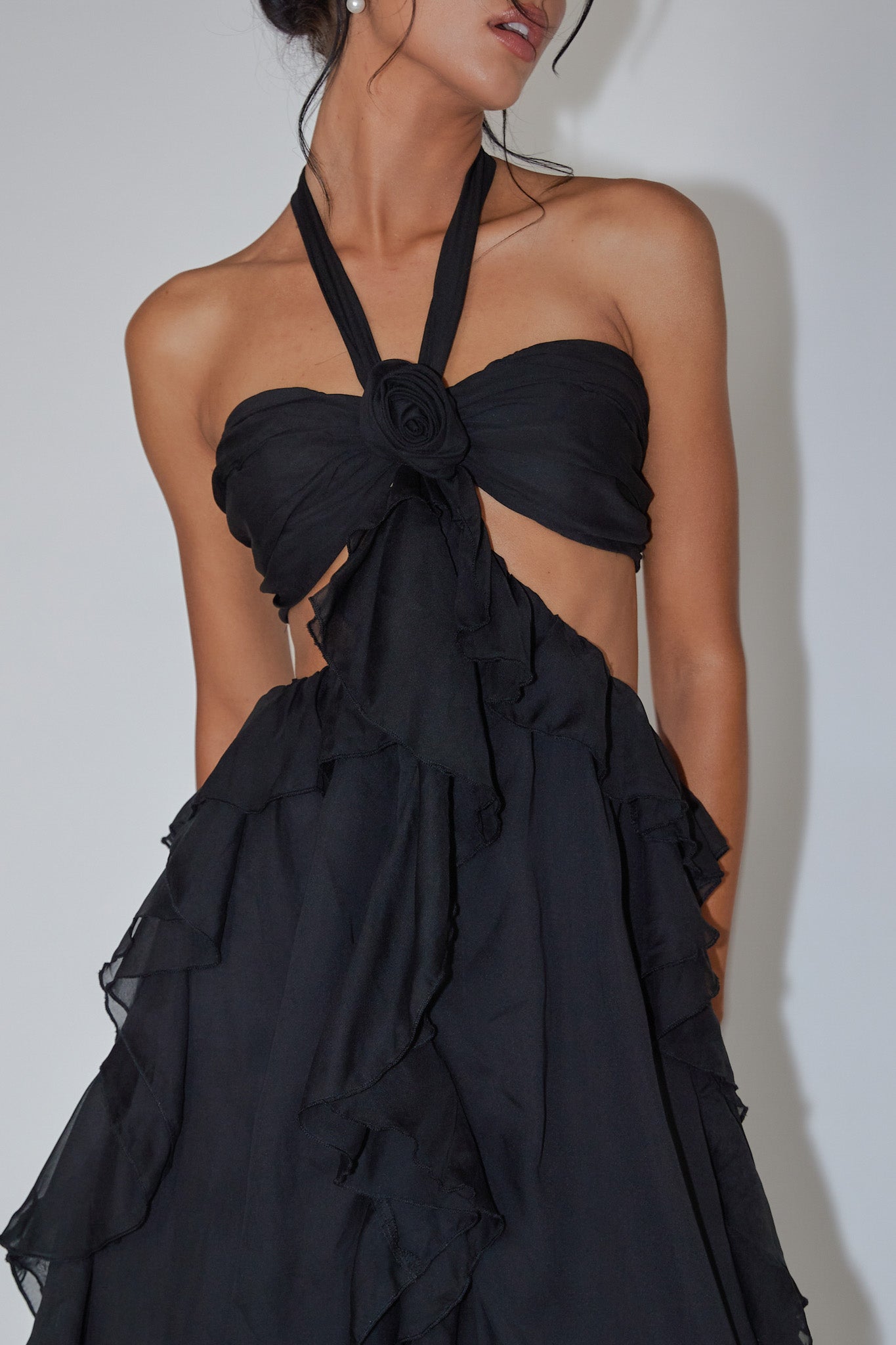 Santiago Cut-Out Ruffle Maxi Dress Black