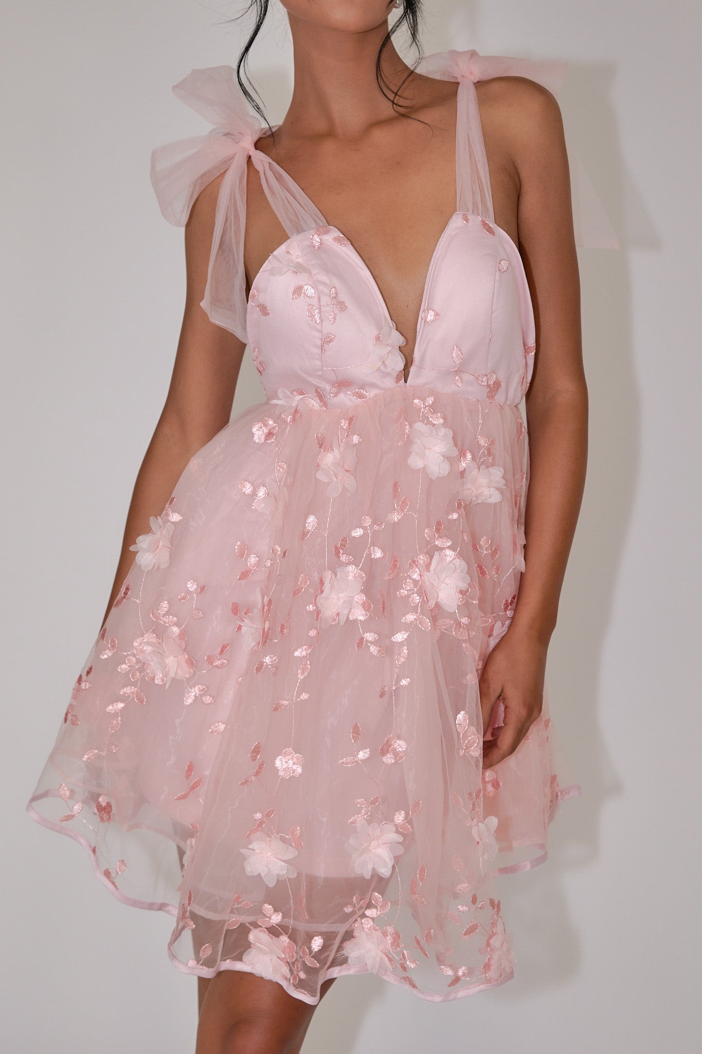 Spring Bloom Tied Shoulder Embellished Mini Dress Pink