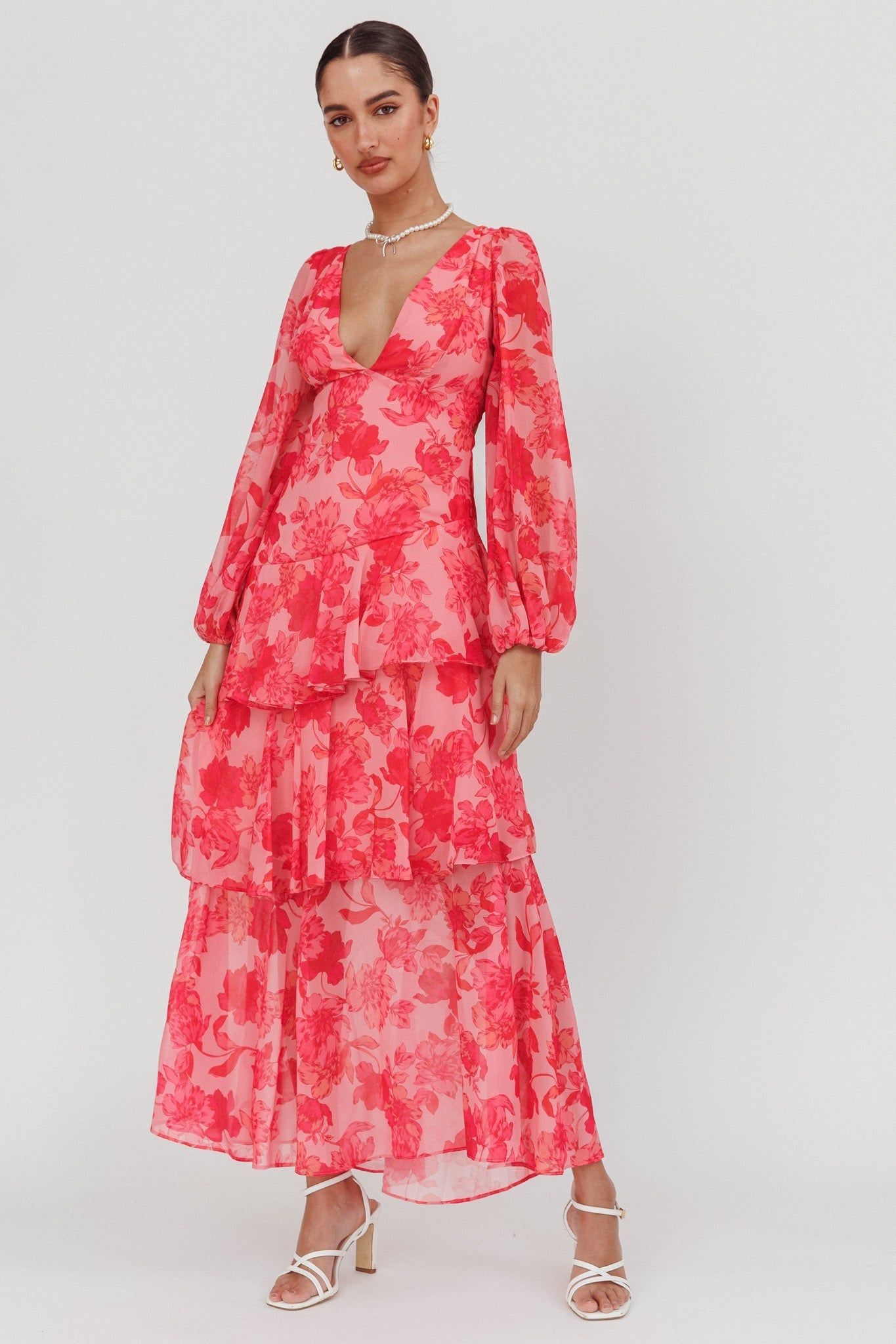 Veda Long Sleeve Floral Tiered Ruffle Maxi Dress Pink