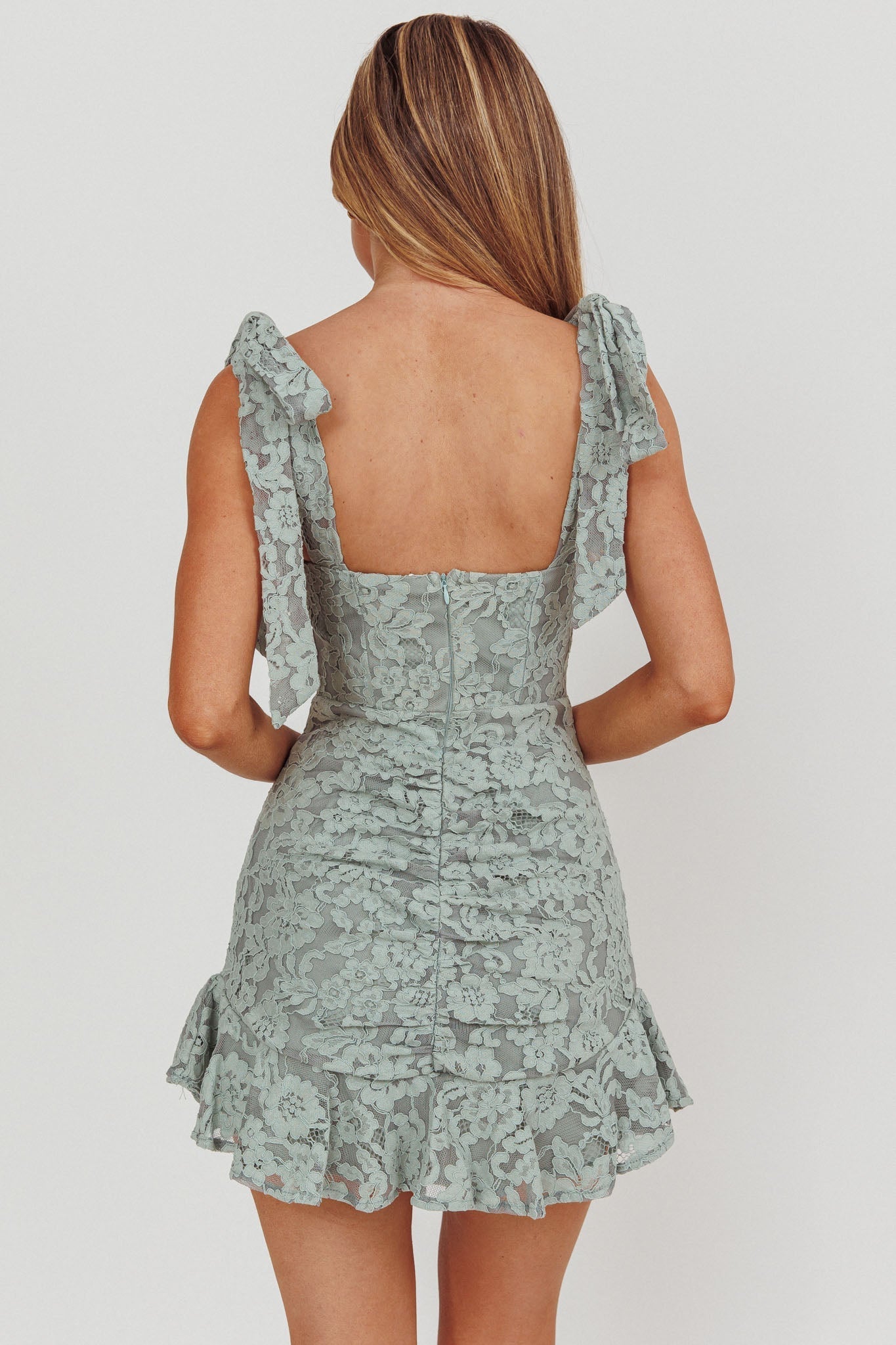 Neriah Tied Shoulder Lace Mini Dress Sage