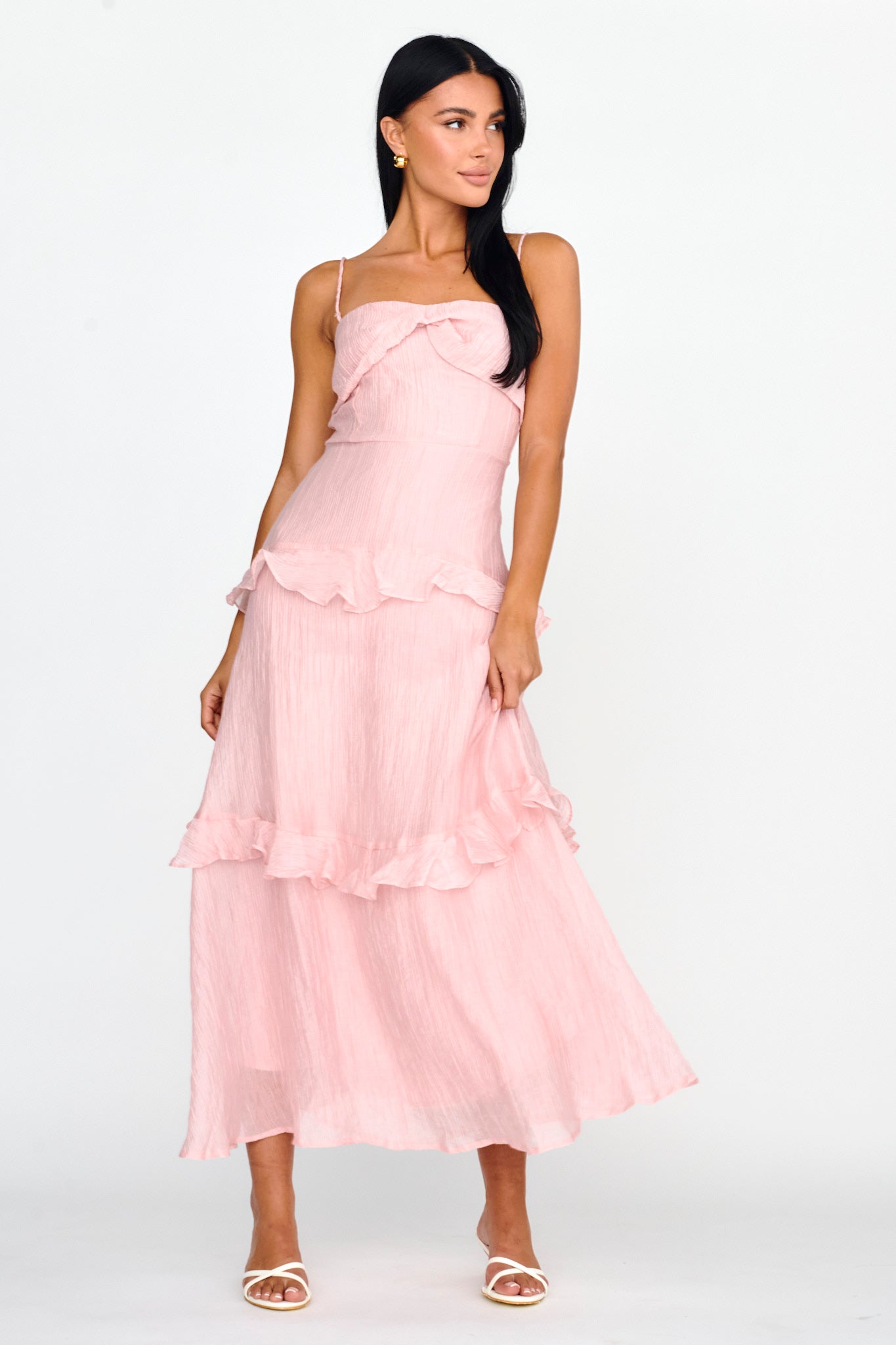 Rise & Glow Frill Trim Textured Midi Dress Blush