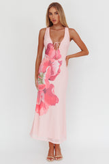 Cinders Tied Plunging Neckline Maxi Dress Flower Pink