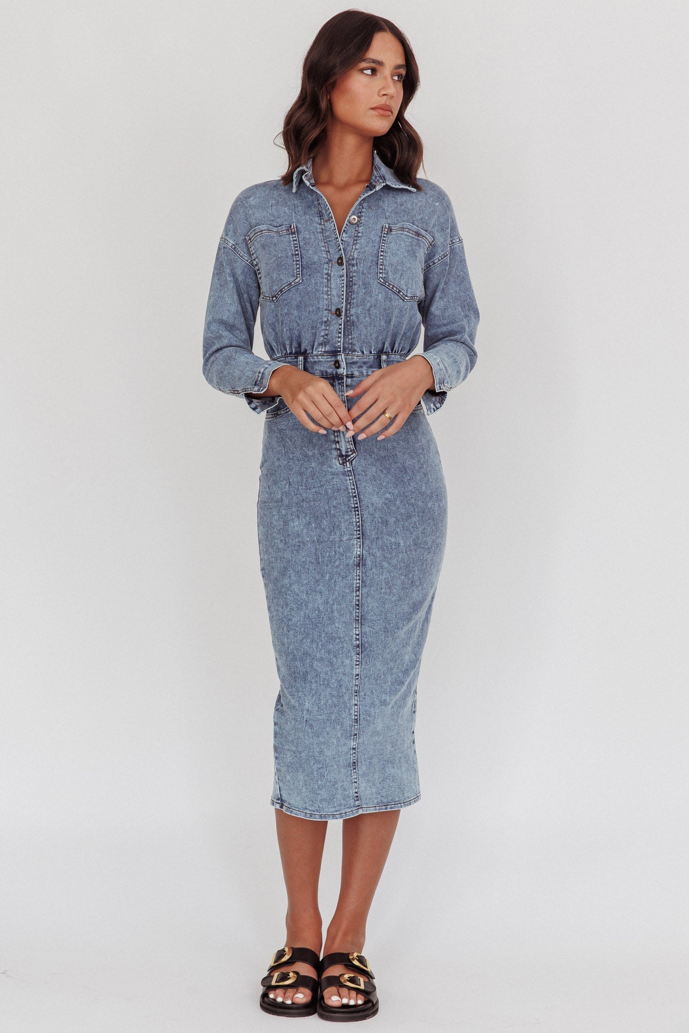 Light Inside Long Sleeve Midi Dress Denim Blue