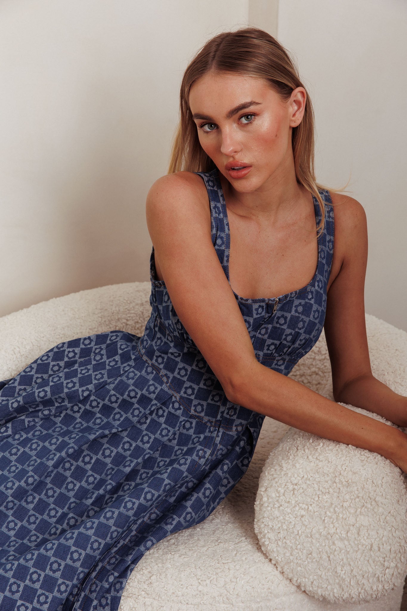 Hair Down Square Neck A-Line Midi Dress Floral Denim