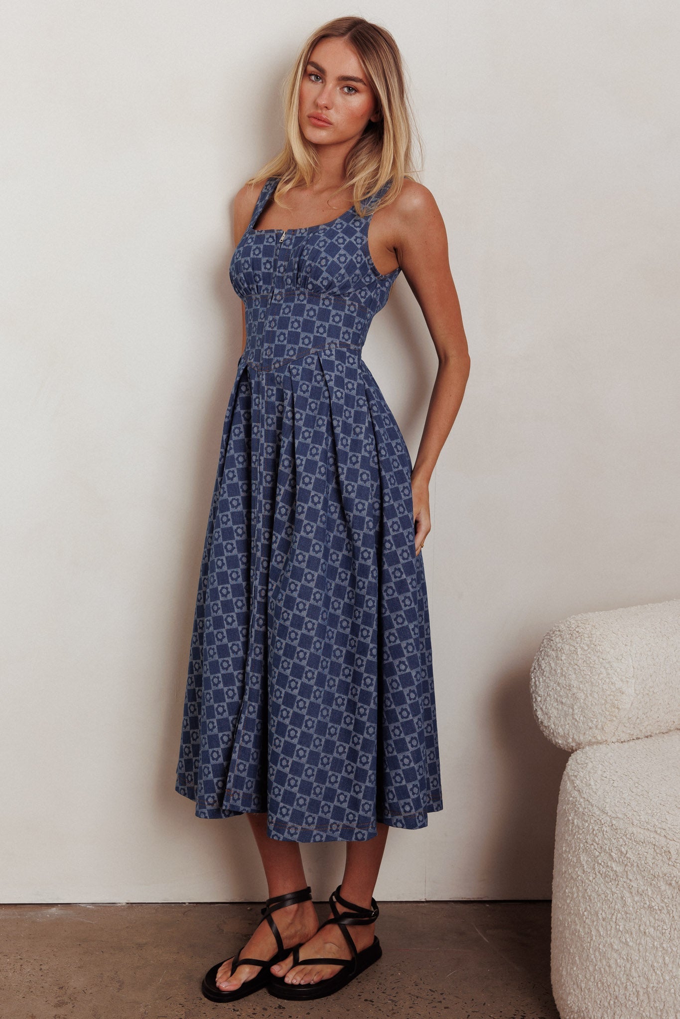 Hair Down Square Neck A-Line Midi Dress Floral Denim