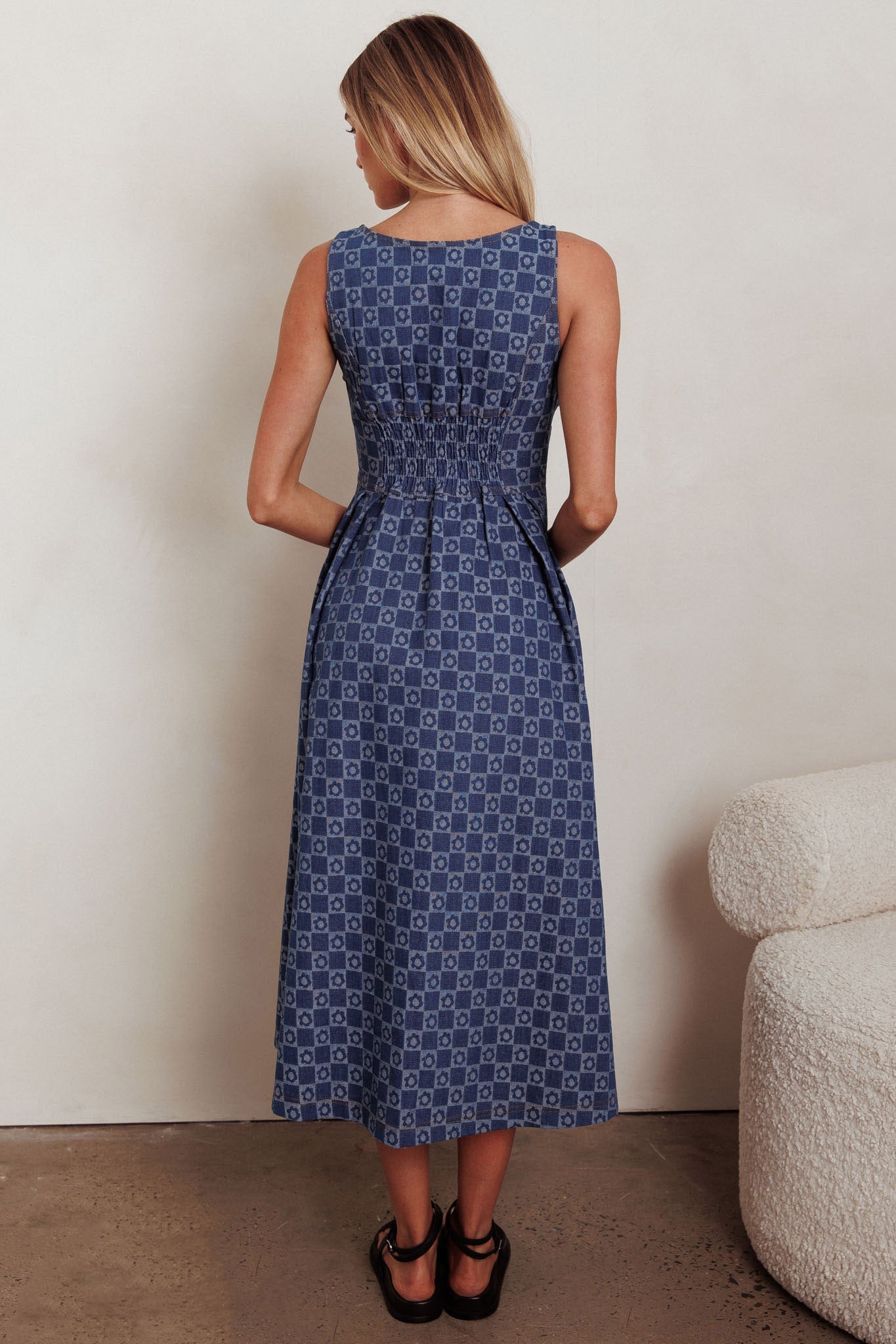 Hair Down Square Neck A-Line Midi Dress Floral Denim