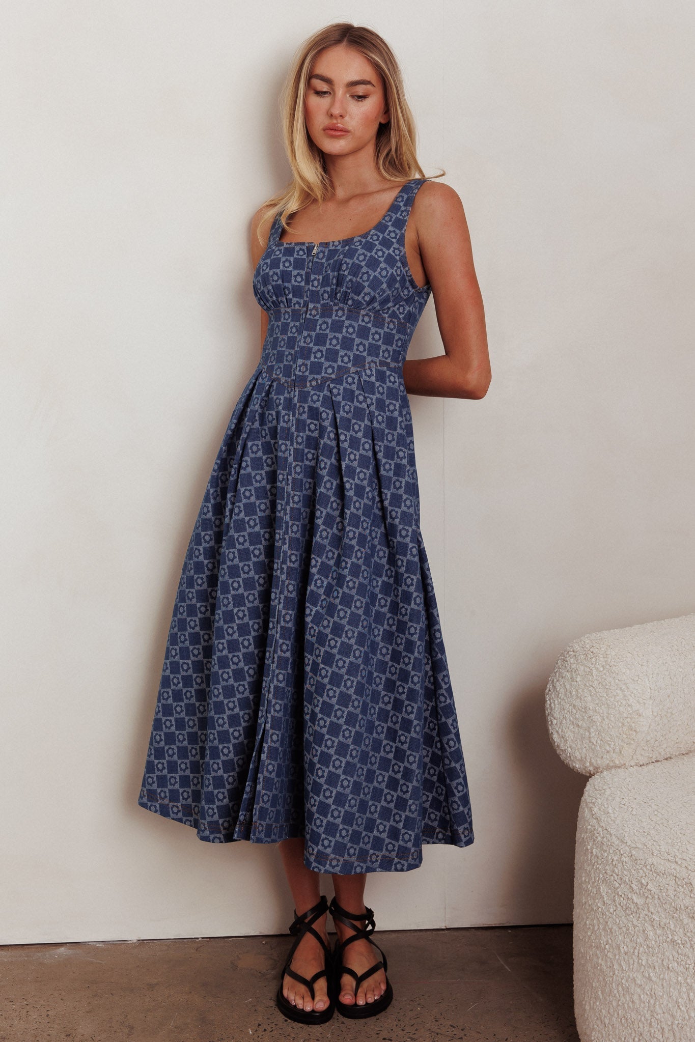 Hair Down Square Neck A-Line Midi Dress Floral Denim