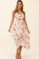 Los Feliz Tied Bust Halterneck Midi Dress Floral Print Orange
