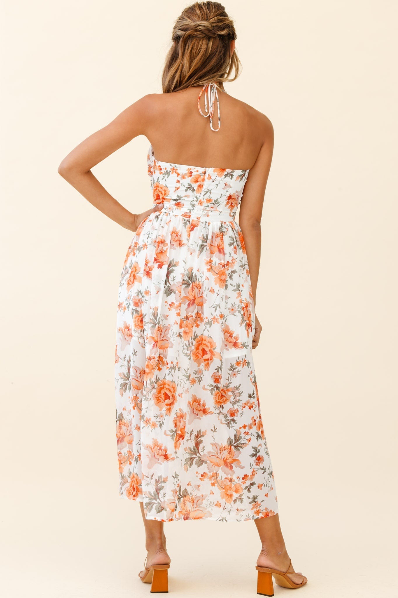 Los Feliz Tied Bust Halterneck Midi Dress Floral Print Orange