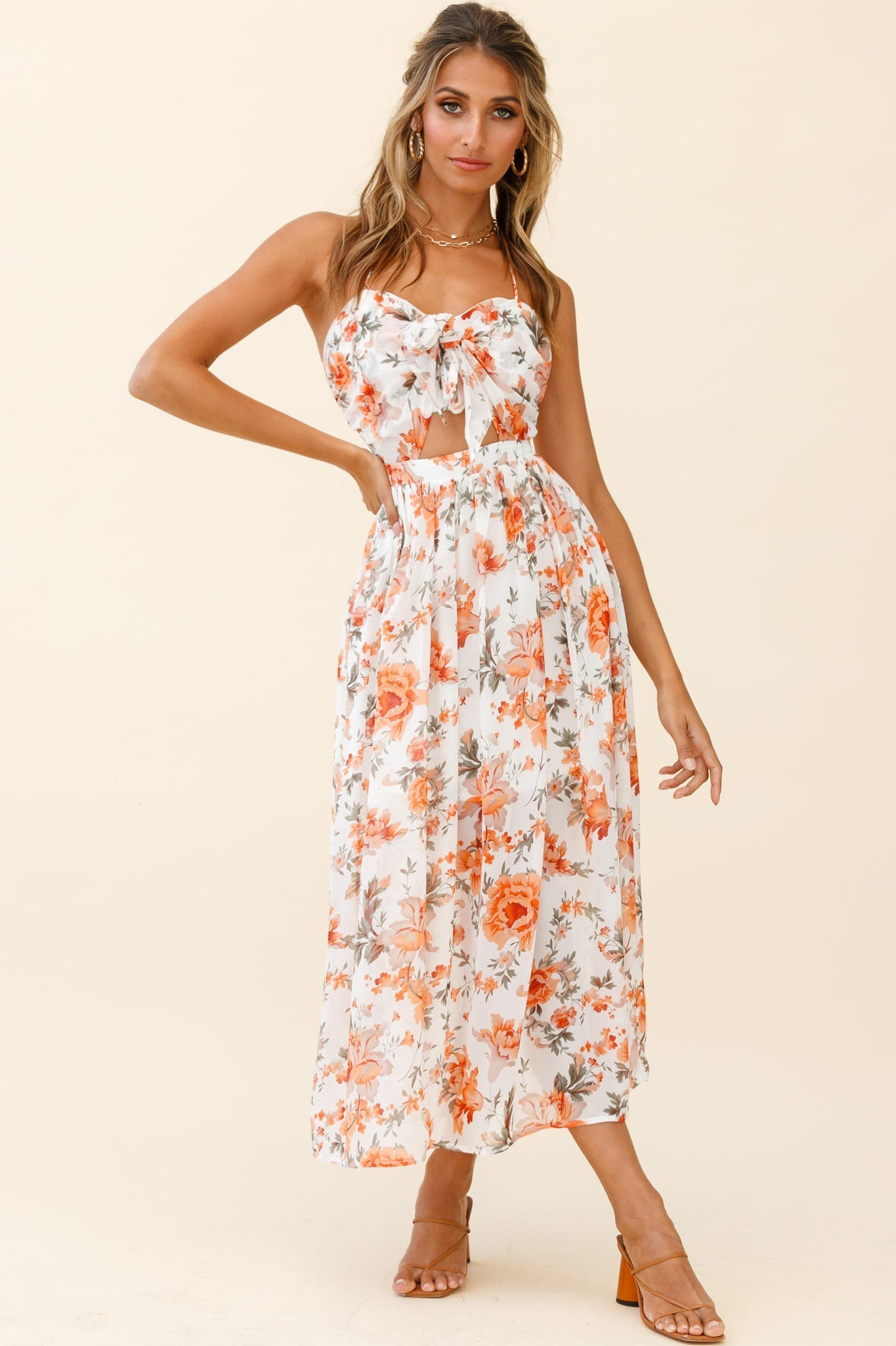 Los Feliz Tied Bust Halterneck Midi Dress Floral Print Orange