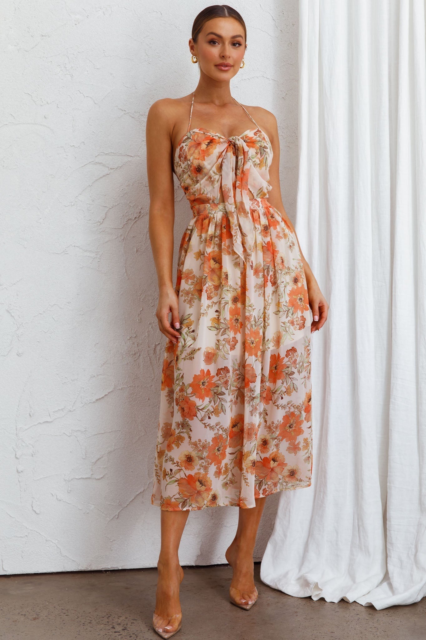 Los Feliz Tied Bust Halterneck Midi Dress Floral Beige