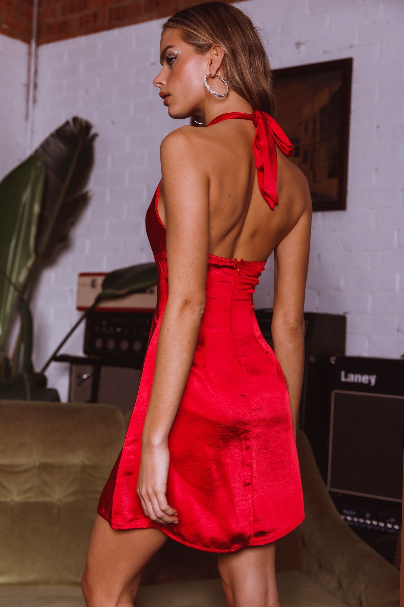 Falling Star Plunging Halterneck Mini Dress Red