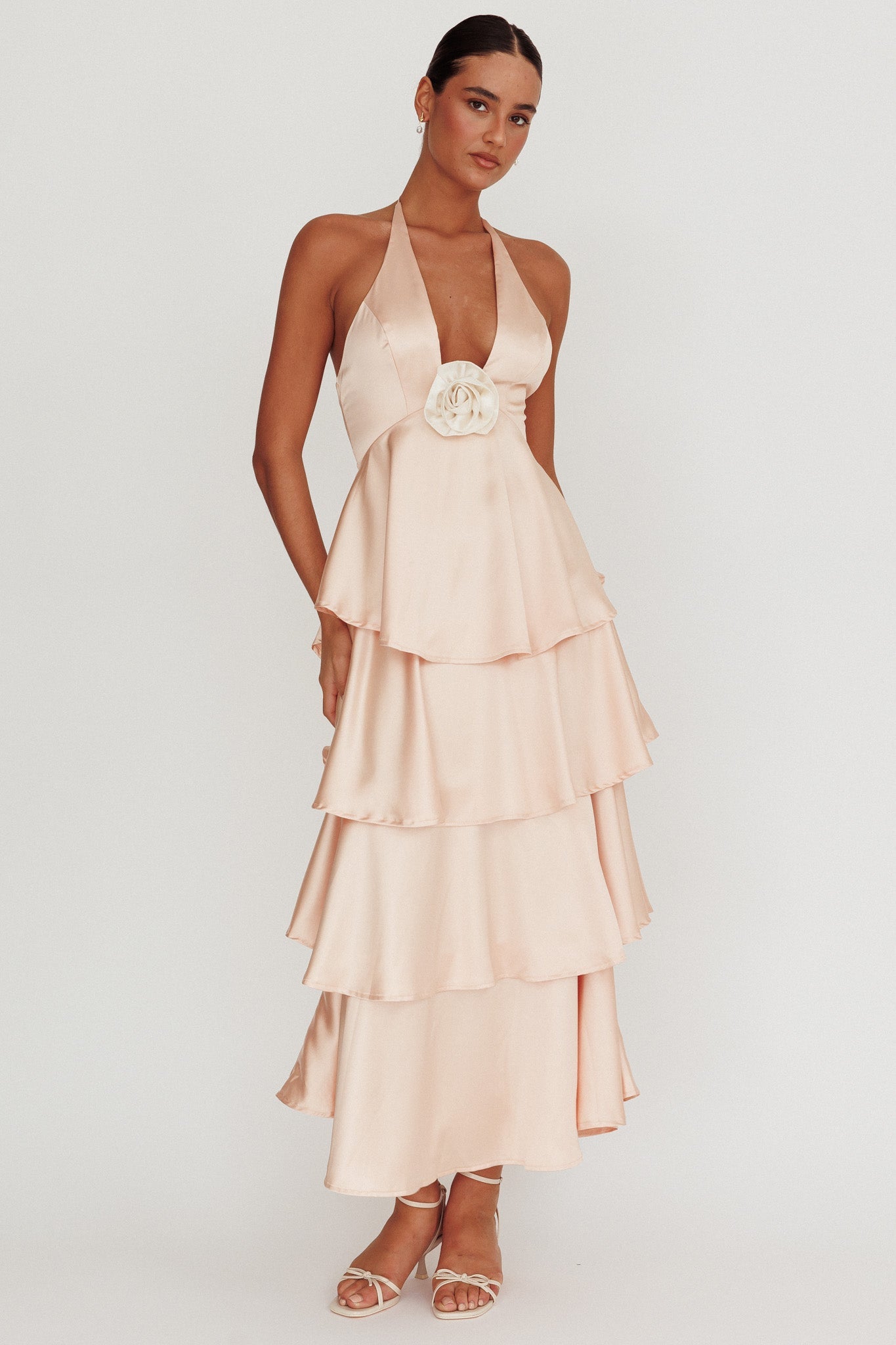Catalina Tiered Ruffle Rosette Maxi Dress Peach
