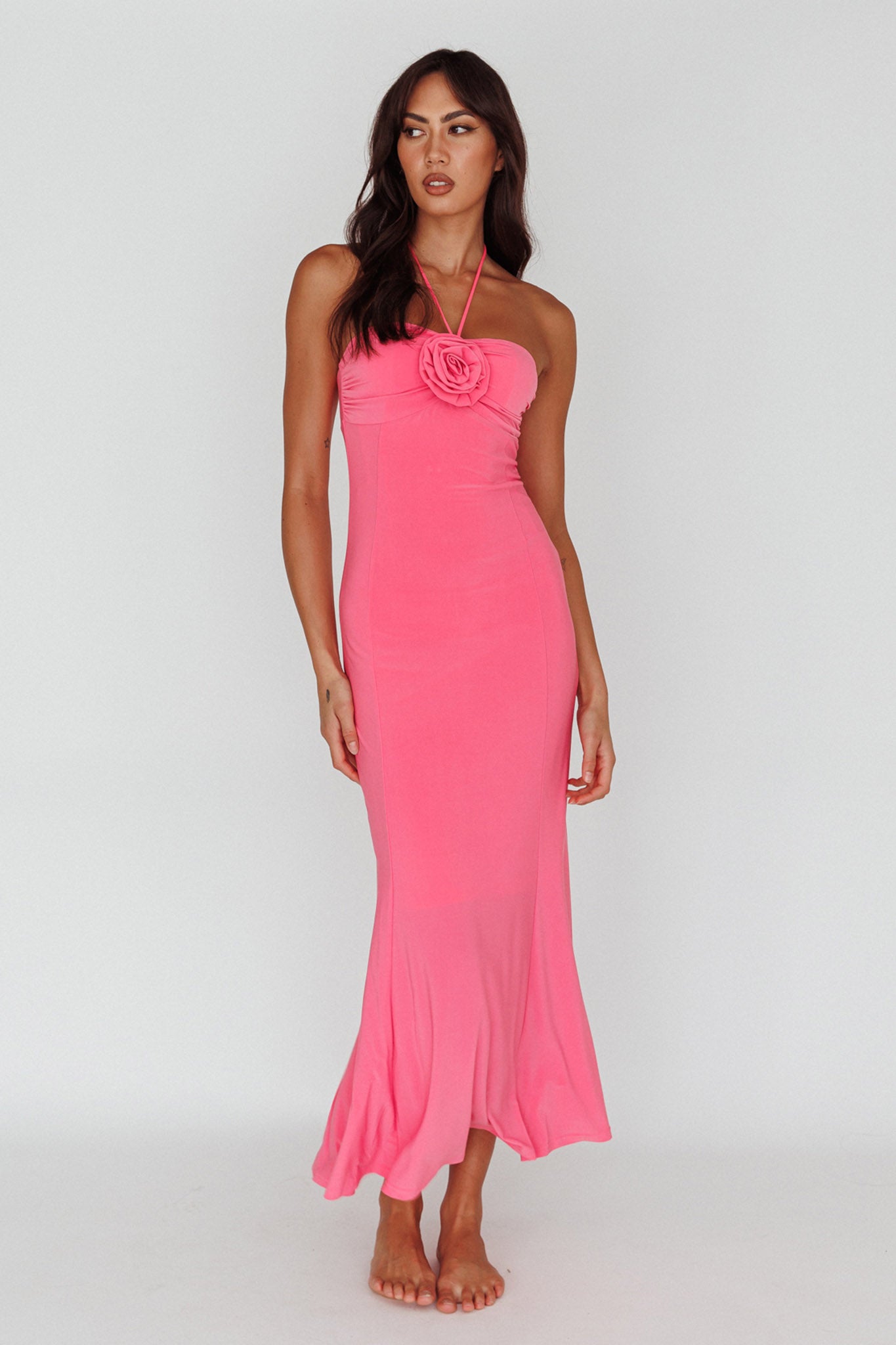 Ibiza Sunset Bust Flower Midi Dress Hot Pink