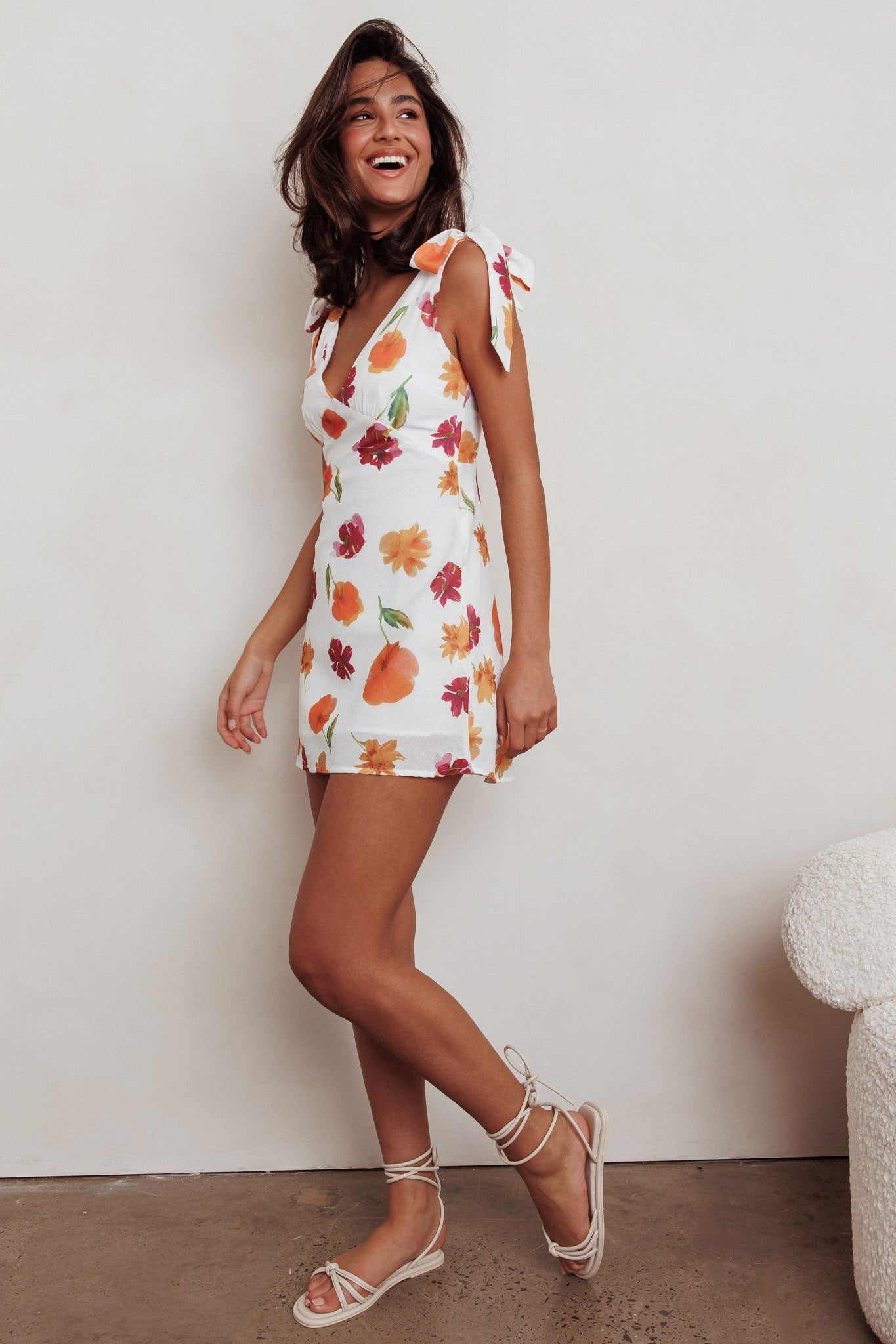 Mykonos Morning Tied Shoulder Mini Dress Flower Orange