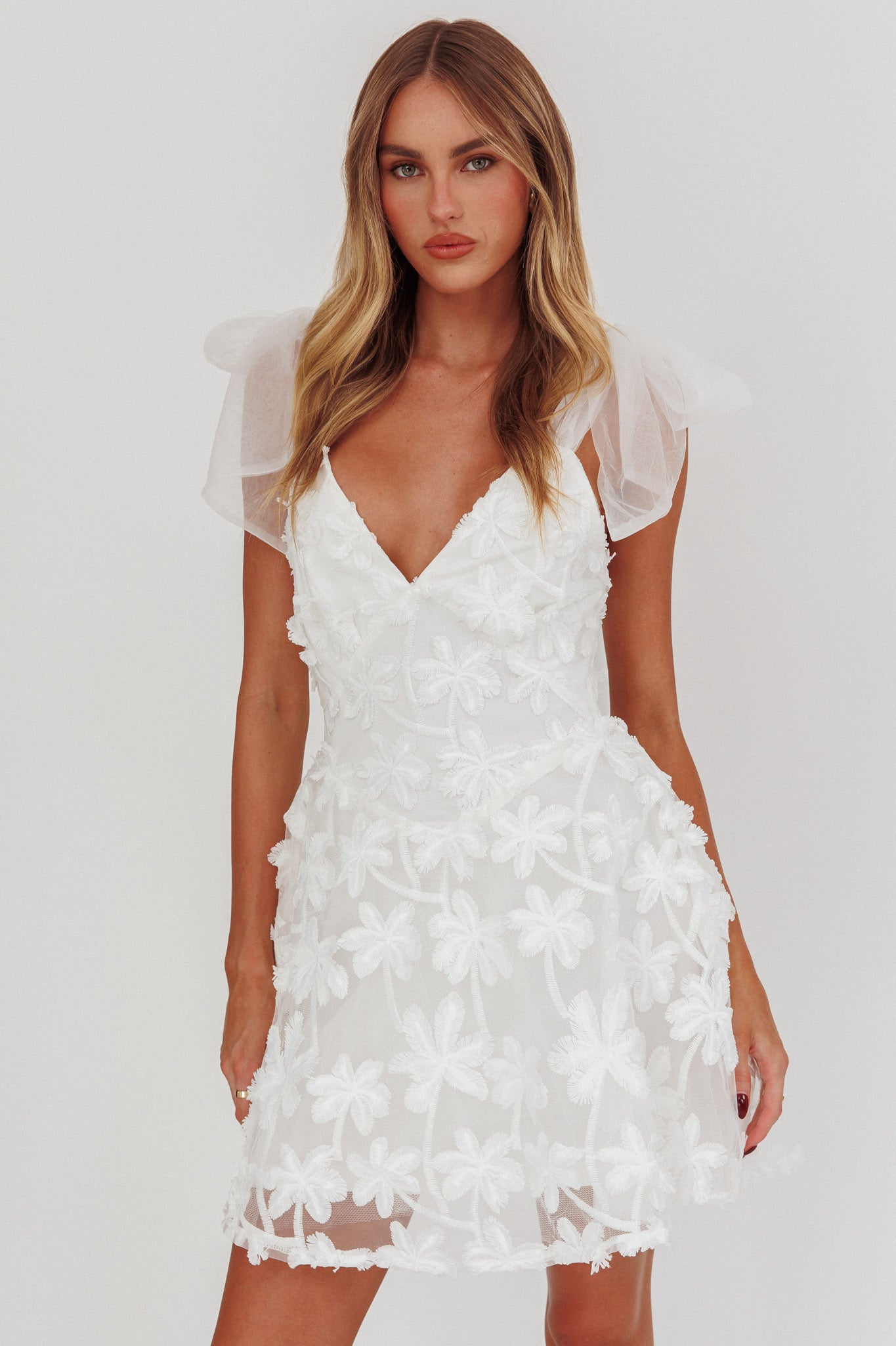 Mykonos Morning Tied Shoulder Mini Dress Embroidered Palm White