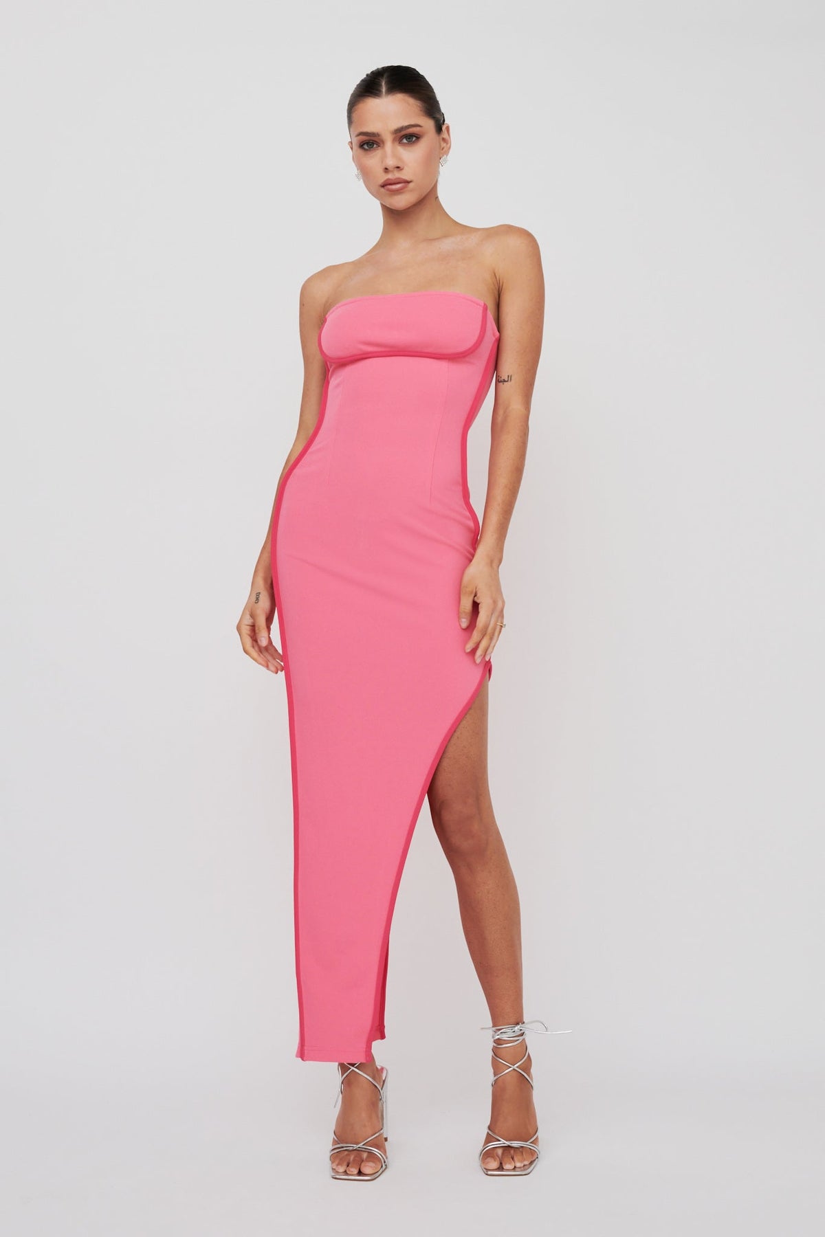 October Strapless Piping Midi Dress Hot Pink