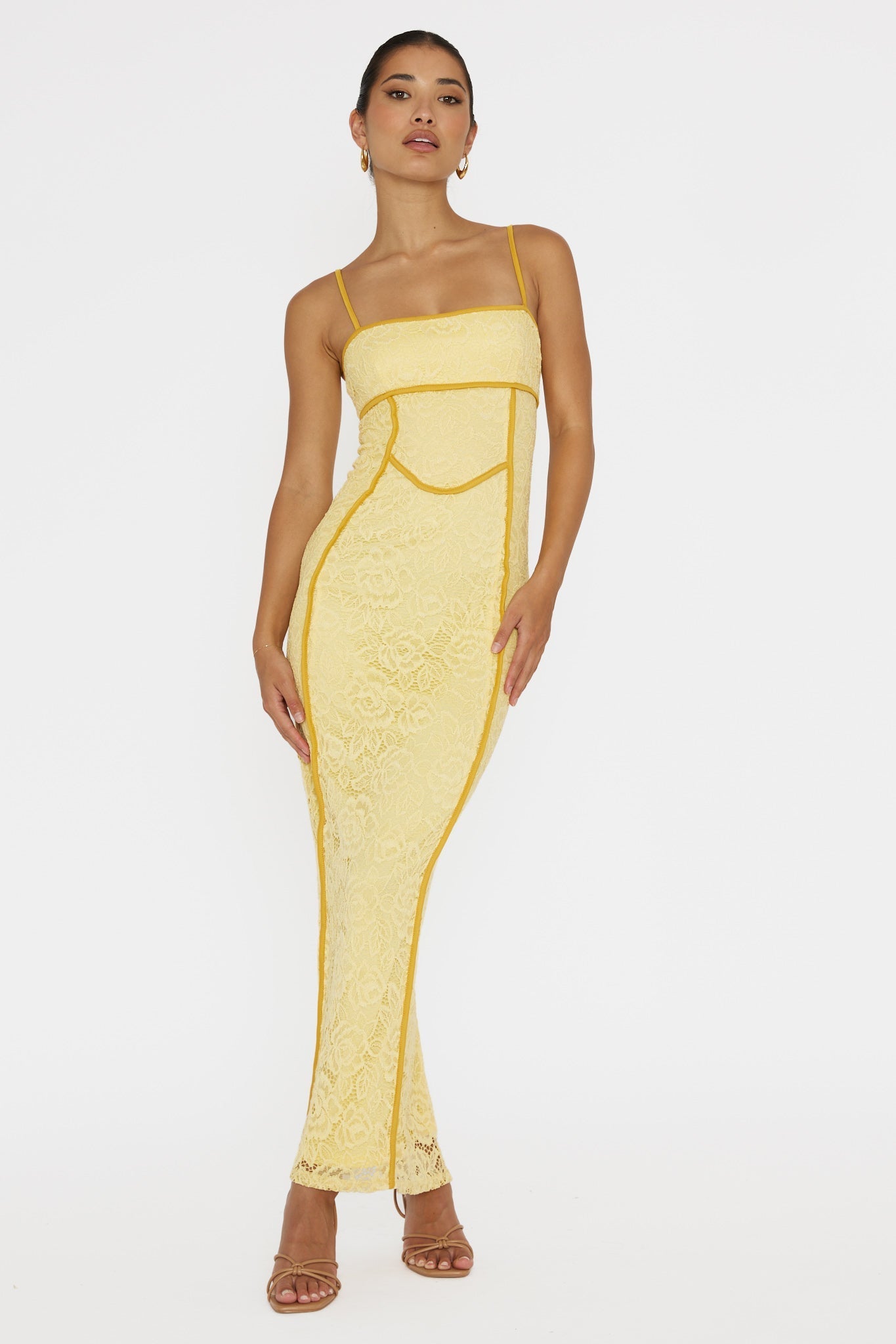 Inga Lace Piping Trim Midi Dress Yellow