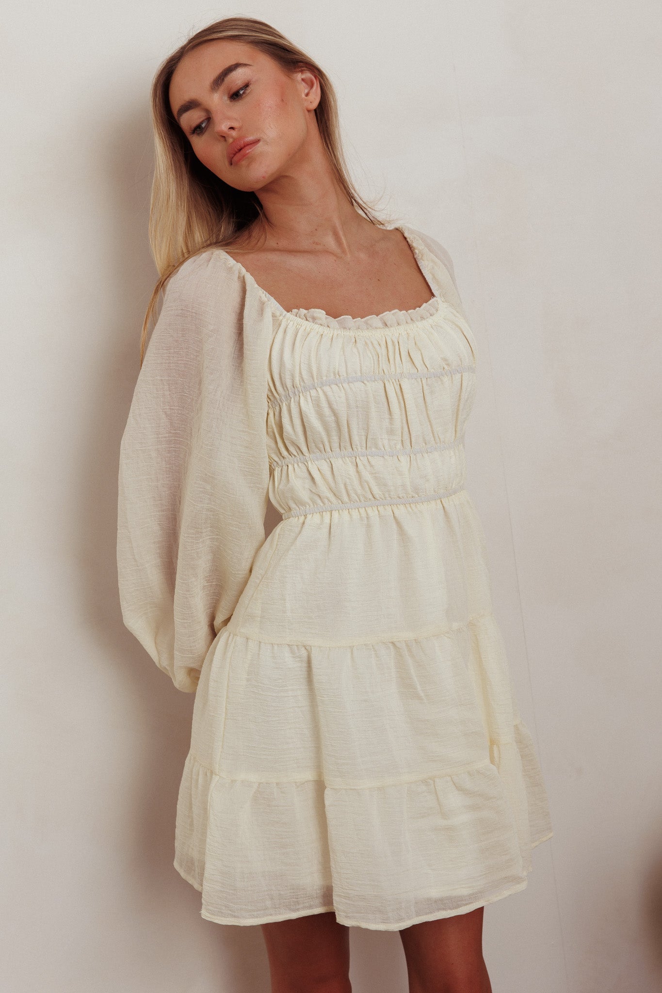 On A High Puff Sleeves Low Back Mini Dress Ivory