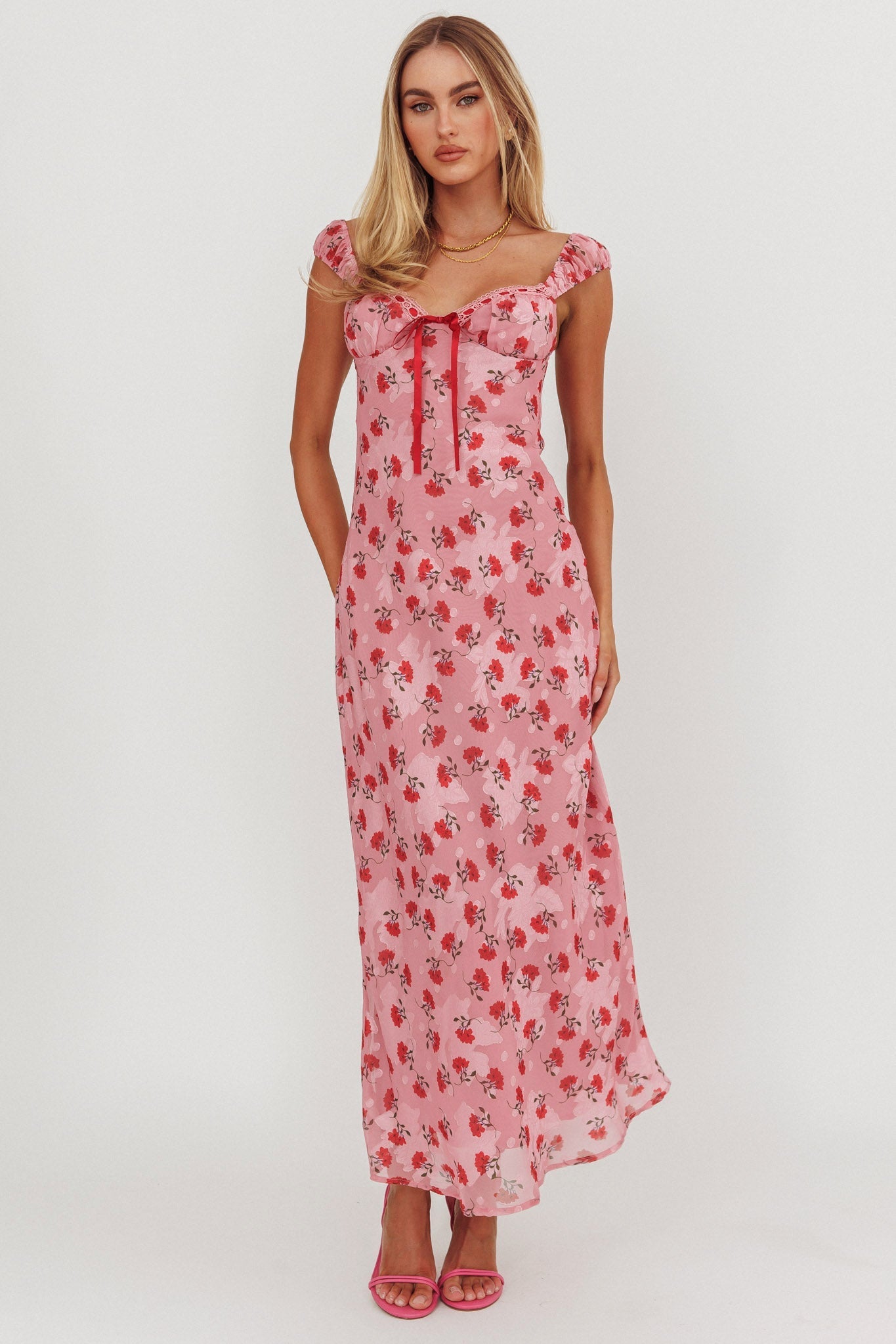 Femme Belle Ribbon Trim Maxi Dress Floral Pink