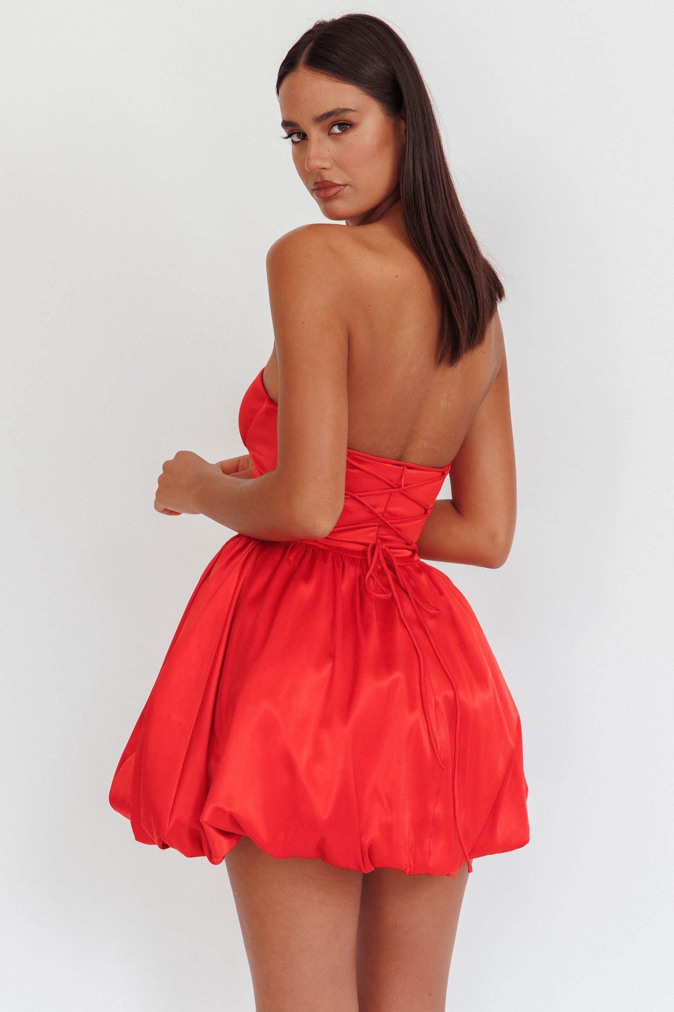 For Love Strapless Balloon Skirt Mini Dress Red