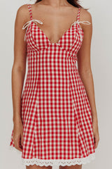 Noelle Lace Trim Mini Dress Gingham Red