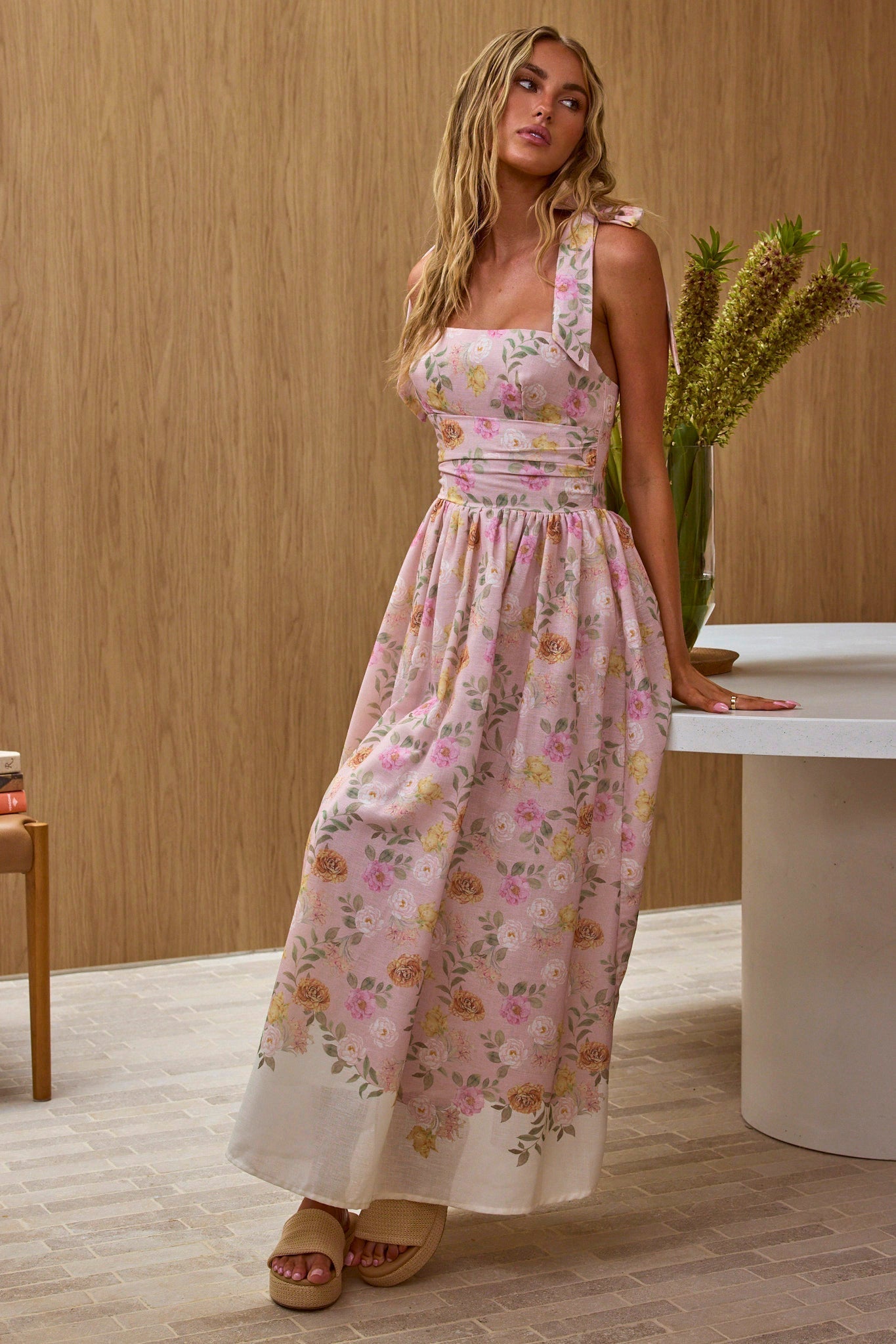 Dua Tied Shoulder Maxi Dress Floral Peach