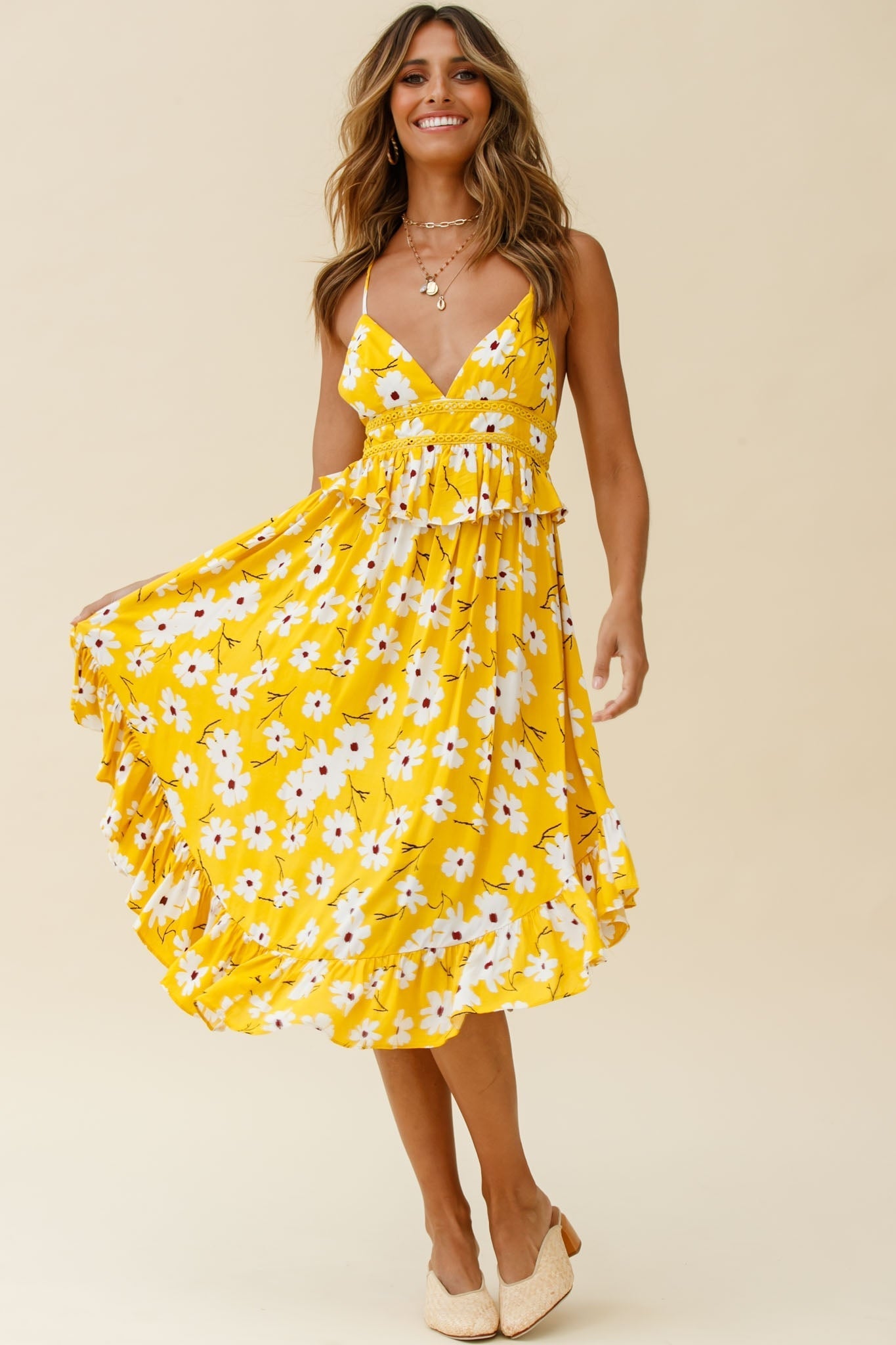 Marigold Peplum Midi Ruffle Dress Floral Print Yellow