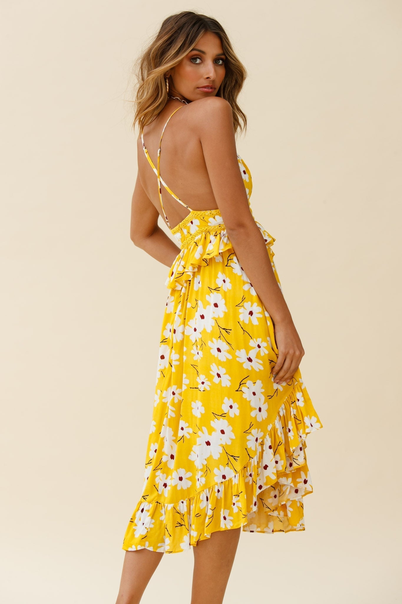 Marigold Peplum Midi Ruffle Dress Floral Print Yellow